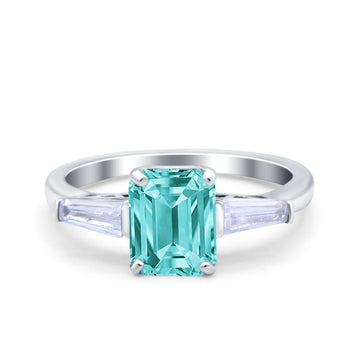 Art Deco Wedding Ring Emerald Cut Simulated Paraiba Tourmaline CZ 925 Sterling Silver